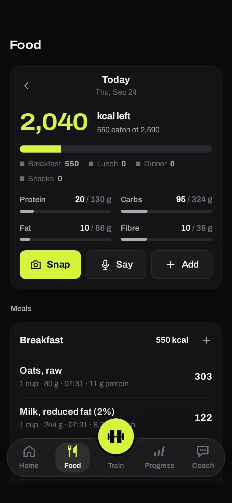 The Food tab: calories left today, protein, carbs, fat and fibre, the Snap, Say and Add buttons, and the day's meals